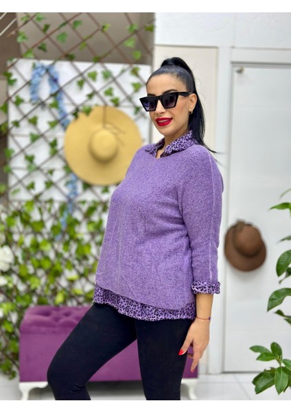 NC516028 Italyan Leopar Desen Fularlı Erkek Yaka Kazak Mor fiyatları