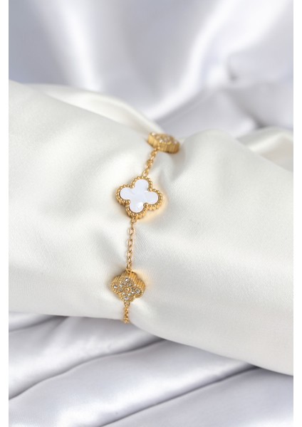 316L Çelik Zincir Zirkon Taşlı Yonca Beyaz Kadın Bileklik TG27BB7977
