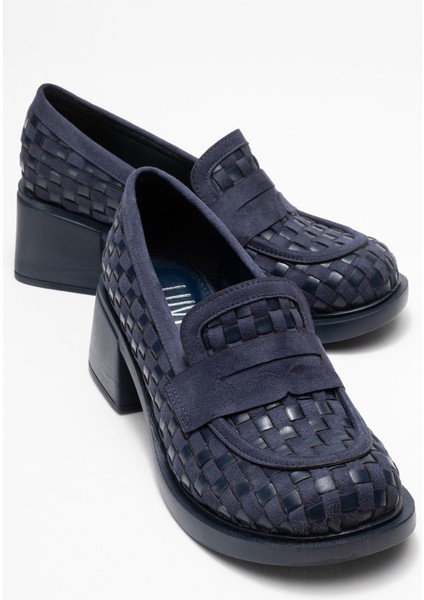 Marlon Lacivert Örgülü Kadın Kalın Topuklu Loafer Ayakkabı