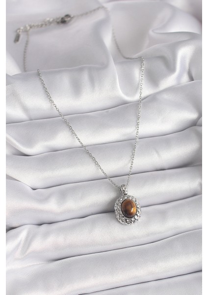 316L Çelik Gümüş Renk Zincir Kehribar Boncuk Model Kadın Kolye TG27BKO9491 fiyatları