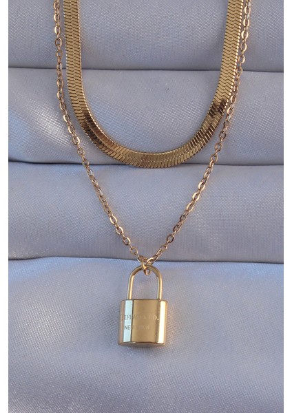 316L Çelik Gold Renk Çift Zincir Kilit Model Kolye TG27BKO8941
