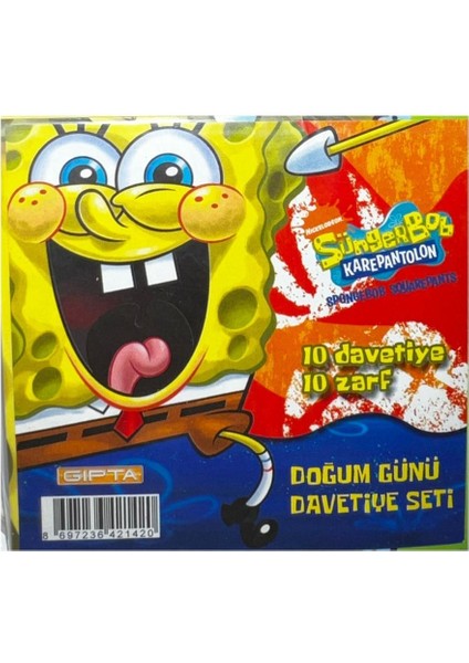 Doğum Günü Davetiye Seti Süngerbob Karepantolon 10 Kart + 10 Zarf