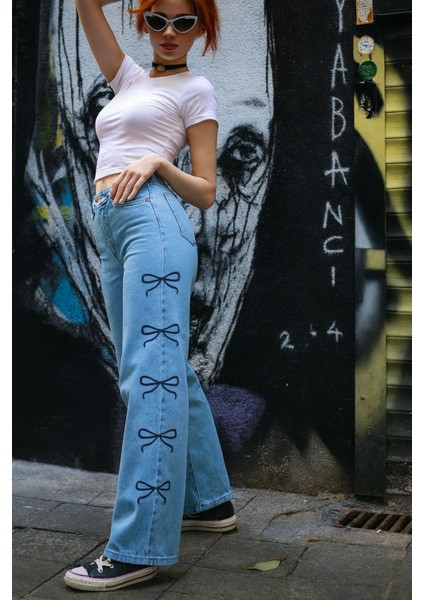 - Wıde Leg Papyon Nakışlı Esnek Likralı Kot Pantolon