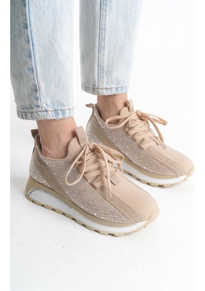 Alya Bağcıklı Ortopedik Taban Taşlı Kadın Sneaker Spor Ayakkabı Bt - Krem