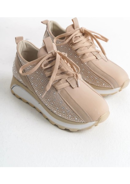 Alya Bağcıklı Ortopedik Taban Taşlı Kadın Sneaker Spor Ayakkabı Bt - Krem fırsatları