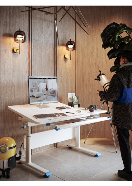 Vega Basic Ergonomik Öğrenci Çalışma Masası Çekmeceli ve Yükseklik Ayarlı Erkek Çocuk Masası - 130x70 Cm, Beyaz/Mavi