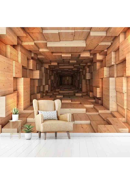 3 Boyutlu Geometrik Ahşap Tünel Desenli Isı ve Ses Yalıtımlı Sağlıklı Tekstil Duvar Kağıdı fiyatları