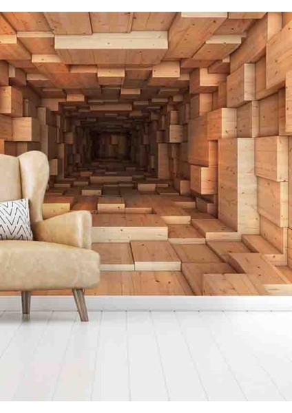 3 Boyutlu Geometrik Ahşap Tünel Desenli Isı ve Ses Yalıtımlı Sağlıklı Tekstil Duvar Kağıdı modelleri
