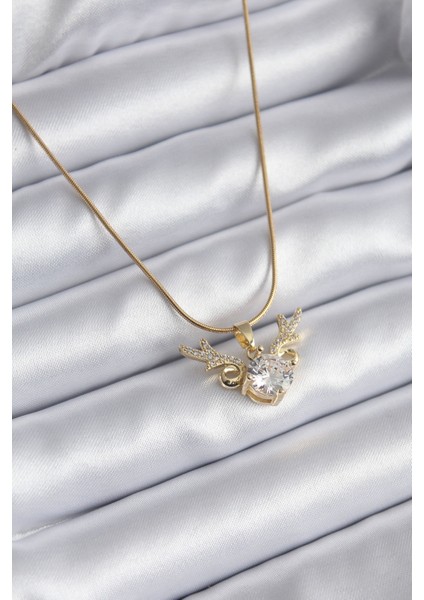 316L Çelik Gold Renk Zirkon Taşlı Boynuz Model Kadın Ke