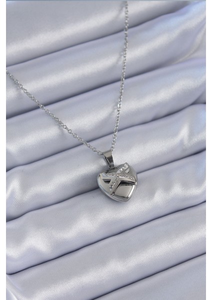 316L Çelik Gümüş Renk Zirkon Taşlı Kalp Model Kadın Ke