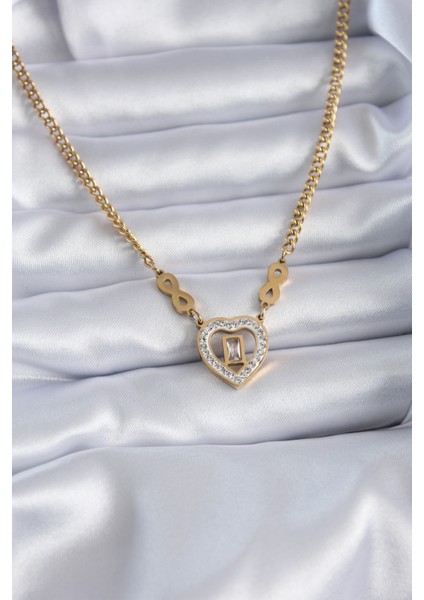 316L Çelik Gold Renk Zirkon Taşlı Kalp Model Sonsuzluk Detay Kadın Ke