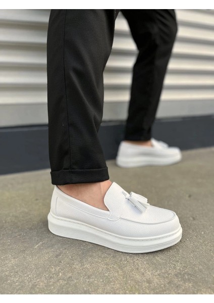 JY154 Blaze Bağcıksız Püsküllü Cilt Erkek Günlük Spor Klasik Ayakkabı Cbt - Beyaz
