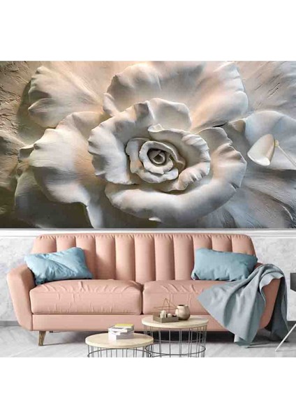 3 Boyutlu Beyaz Gül Desenli Isı ve Ses Yalıtımlı Sağlıklı Tekstil Duvar Kağıdı