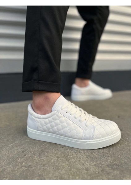 JY166 Prestige Bağcıklı Cilt Kapitone Desenli Erkek Günlük Sneaker Ayakkabı Cbt - Beyaz