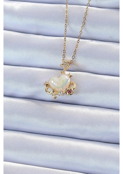 316L Çelik Zincir Altın Renk Zirkon Taşlı Gezegen Görünümlü Kalp Ke