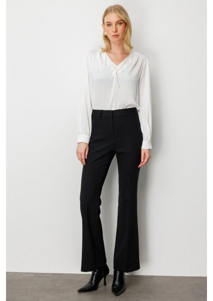 Kadın Fleto Cepli Ispanyol Paça Pantolon 5095 Siyah