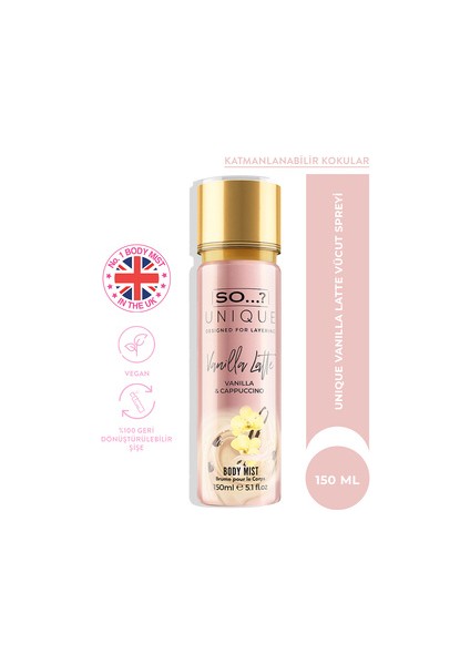 Unique Vanilla Latte Vücut Spreyi 150 ml Kalıcı Vegan Koku Geri Dönüştürülebilir Ambalaj indirimleri