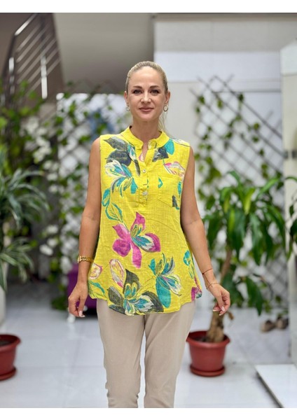 LS8819B Kolsuz Pamukketen Cepli Italyan Bluz Sarı