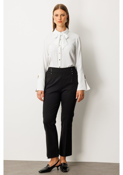 Kadın Büyük Beden Beli Lastikli Boncuk Detaylı Pantolon 1085 Siyah