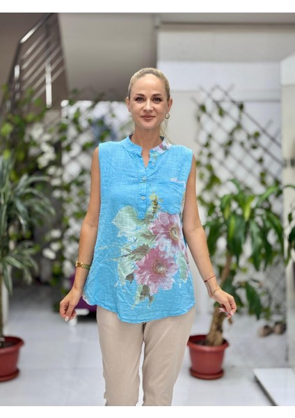 LS8819A Kolsuz Pamukketen Cepli Italyan Bluz Mavi