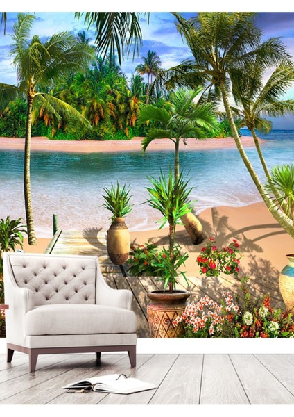 Sahil ve Çiçek Desenli Isı ve Ses Yalıtımlı Sağlıklı Tekstil Duvar Kağıdı