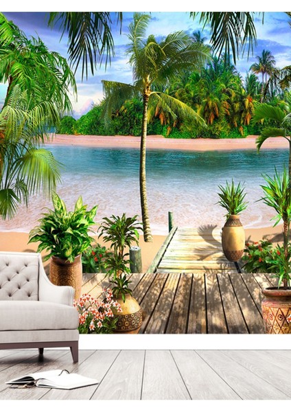 Sahil ve Çiçek Desenli Isı ve Ses Yalıtımlı Sağlıklı Tekstil Duvar Kağıdı fiyatları