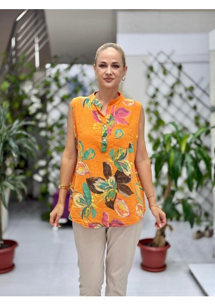 LS8819B Kolsuz Pamukketen Cepli Italyan Bluz Oranj