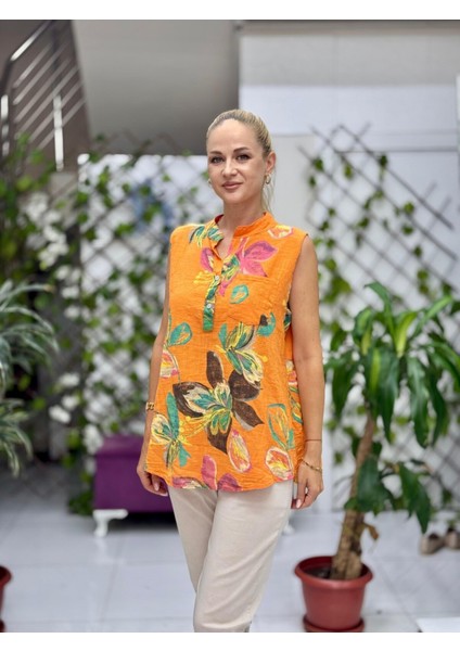 LS8819B Kolsuz Pamukketen Cepli Italyan Bluz Oranj fırsatları