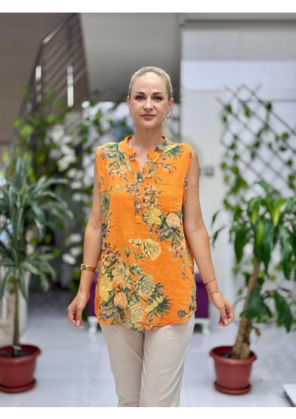 LS8819D Kolsuz Pamukketen Cepli Italyan Bluz Oranj