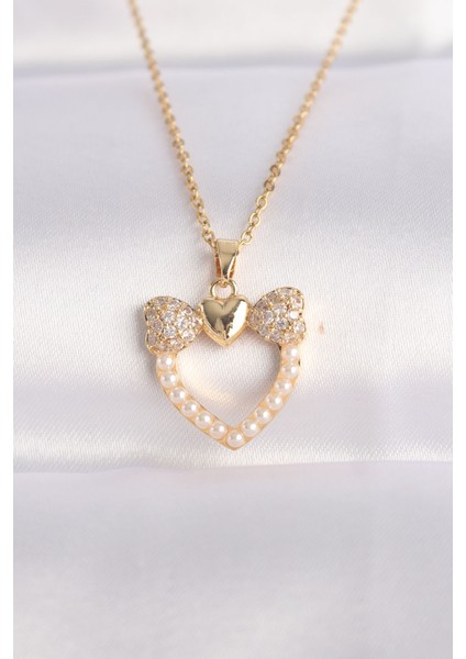 316L Çelik Zincir Altın Renk Inci Taş Detay Zirkon Taşlı Kalp Ke