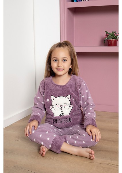 Kız Çocuk Welsoft Kumaş-Göz Bantlı Kedi ve Kalp Baskılı Pijama Takımı 12289 fiyatları