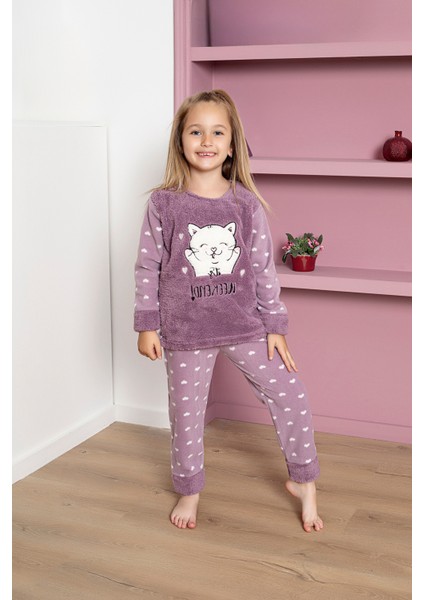 Kız Çocuk Welsoft Kumaş-Göz Bantlı Kedi ve Kalp Baskılı Pijama Takımı 12289 modelleri