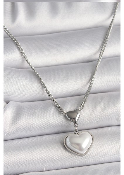 316L Çelik Gümüş Renk Zincir 3D Kalp Model Kadın Ke