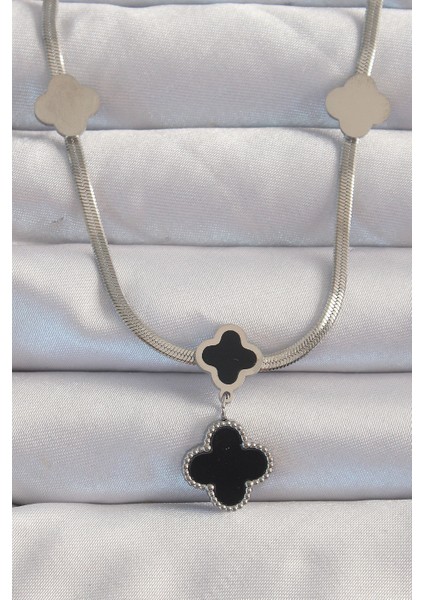 316L Çelik Gümüş Renk Italyan Zincirli Mineli Yonca Ke