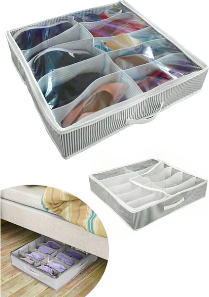 Ayakkabı Saklama Çantası 12 Bölmeli Shoes Under Ayakkabı Hurcu Siyah Beyaz