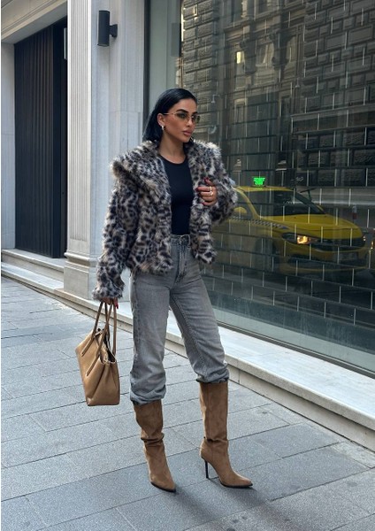 Leopar Desenli Suni Peluş Kürk Mont fiyatları