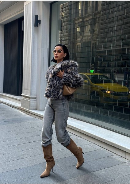 Leopar Desenli Suni Peluş Kürk Mont fırsatları