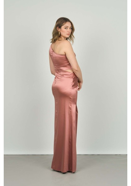 Kadın Tek Omuz Derin Yırtmaçlı Saten Abiye Elbise 1873 S.kabuğu indirimleri