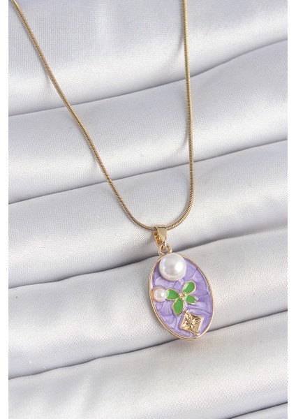 316L Çelik Gold Renk Zincir Mor Mineli Oval Incili Çiçek Işlemeli Portre Model Kadın Ke