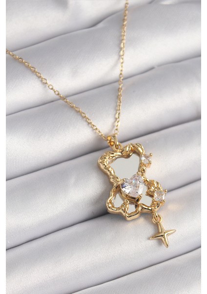 316L Çelik Gold Renk Zincir Ayna Ayıcık Model Zirkon Taşlı Kalp Model Kadın Ke