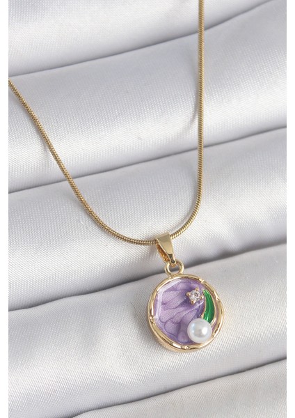 316L Çelik Gold Renk Zincir Mor Çiçek Işlemeli Zirkon Taş Inci Detaylı Minimal Portre Model Kadın Ke