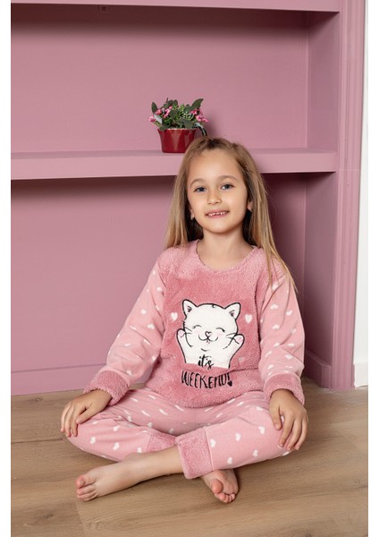 Kız Çocuk Welsoft Kumaş-Göz Bantlı Kedi ve Kalp Baskılı Pijama Takımı 12289