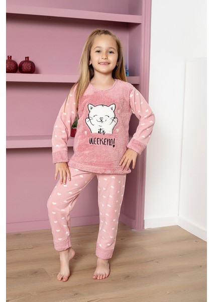 Kız Çocuk Welsoft Kumaş-Göz Bantlı Kedi ve Kalp Baskılı Pijama Takımı 12289 fiyatları