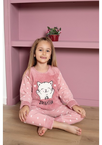 Kız Çocuk Welsoft Kumaş-Göz Bantlı Kedi ve Kalp Baskılı Pijama Takımı 12289 modelleri