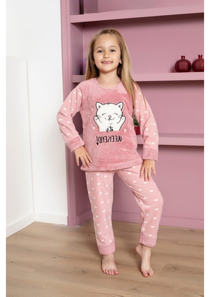 Kız Çocuk Welsoft Kumaş-Göz Bantlı Kedi ve Kalp Baskılı Pijama Takımı 12289 fırsatları