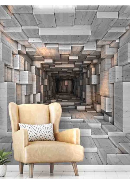 3 Boyutlu Geometrik Ahşap Tünel Desenli Isı ve Ses Yalıtımlı Sağlıklı Tekstil Duvar Kağıdı fiyatları