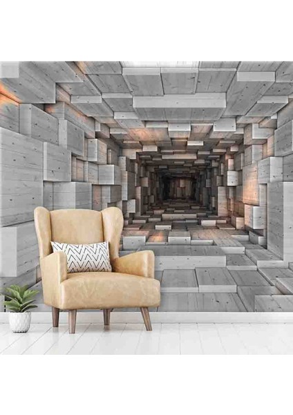 3 Boyutlu Geometrik Ahşap Tünel Desenli Isı ve Ses Yalıtımlı Sağlıklı Tekstil Duvar Kağıdı modelleri