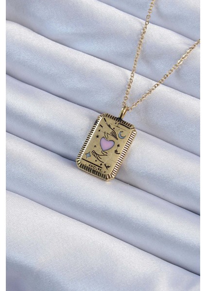 316L Çelik Zincir Eskitme Altın Renk Pembe Mineli Kalp Figürlü Tarot Ke