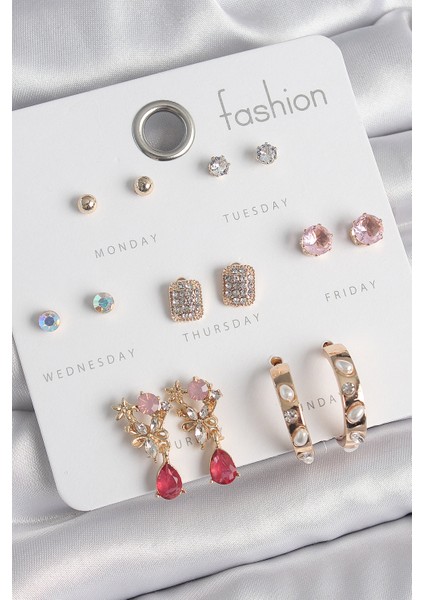 Pirinç Gold Renk Zirkon Taşlı Çiçek Figür Incili Halka Figür 7 Çift Kadın Küpe Seti