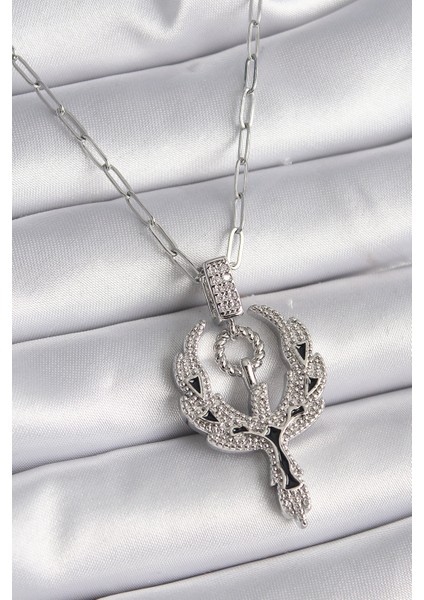 316L Çelik Gümüş Renk Zirkon Taşlı Anka Kuşu Model Kadın Ke